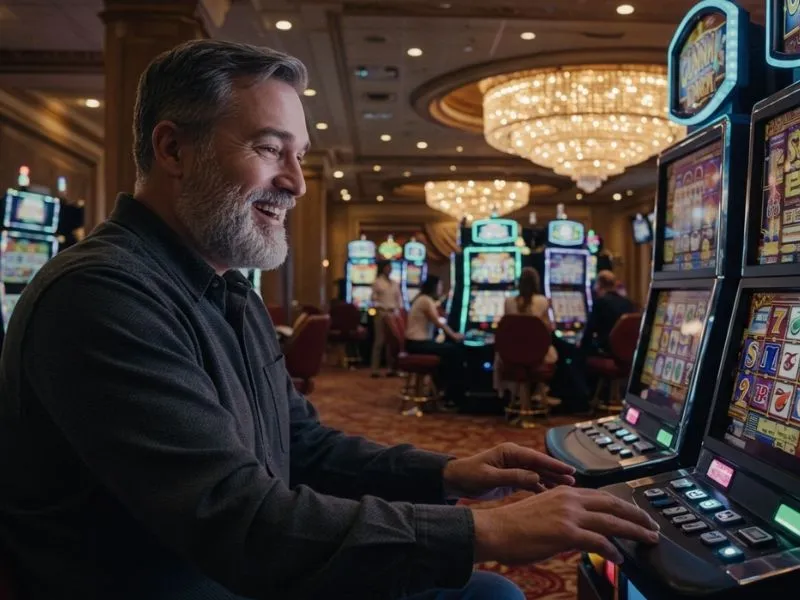 A smiling man enjoying the Casino Plus Color Game while playing on a slot machine inside a bright casino.
