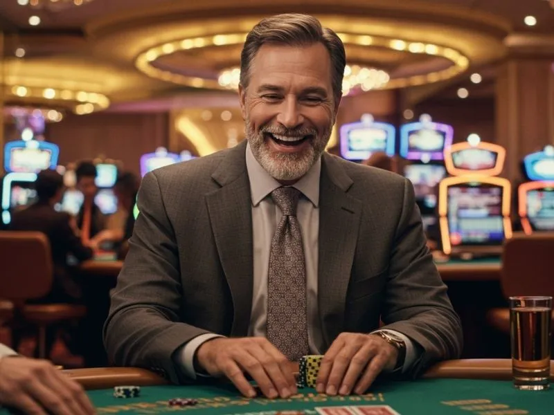 A happy man smiling after winning a baccarat round at Casino Plus Color Game.