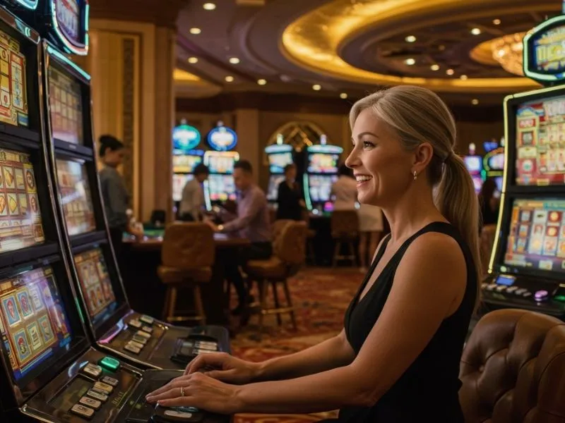 Grinning woman focused on playing a slot machine at do888 online casino.