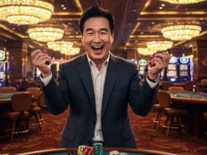 A happy man celebrating after winning a poker round at Do888 online casino.