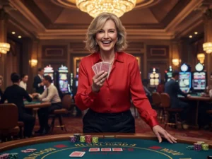 Woman holding cards and playing poker at a table in a casino, enjoying fc178 casino 777 slot games experience.