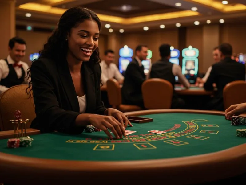 Woman playing baccarat in a vibrant casino featuring FC178 Casino 777 slot games.