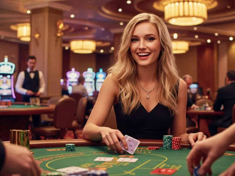 Smiling woman holding poker cards while playing fc178 casino 777 slot games online.