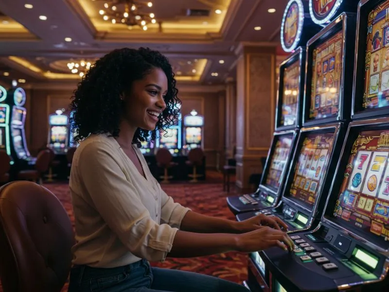 Young lady enjoying fc178 casino 777 slot games on colorful slot machines.