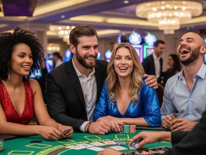 Friends enjoying a lively blackjack session at Fox Game Casino, laughing and having fun at the gaming table.