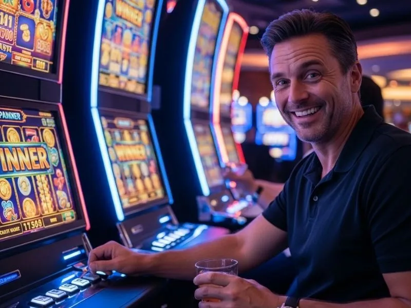 Man celebrating a big slot machine win at Fox Game Casino