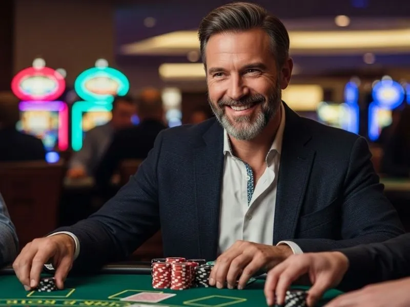 Old man smiling while playing blackjack at Fox Game Casino table.