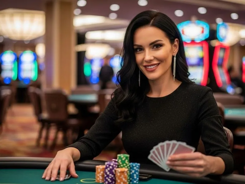 A smiling woman enjoying card games at Fox Game Casino.