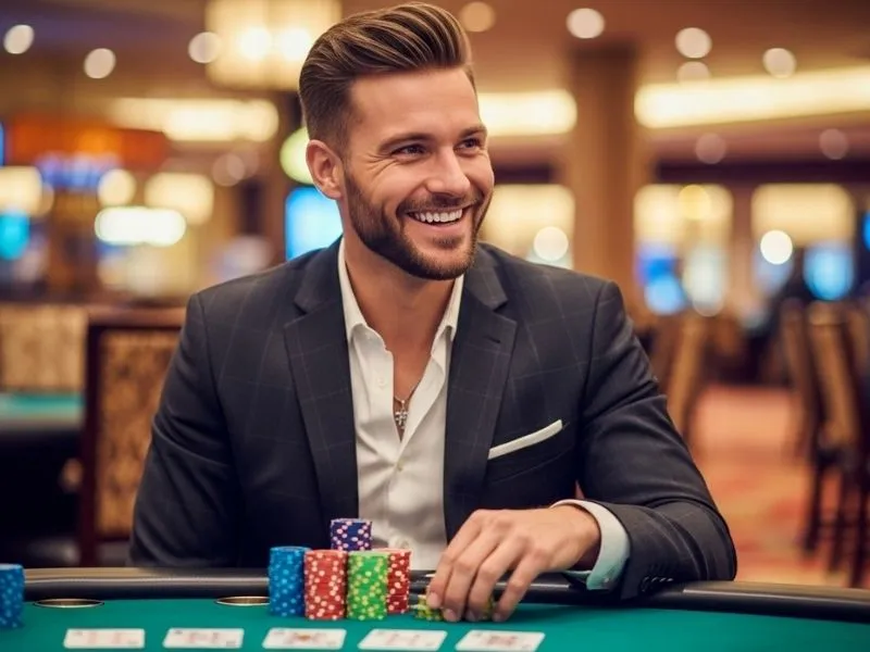 Man celebrating a big win at a physical casino, representing the excitement of a free online casino game experience.