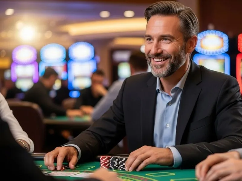 Man smiling while placing a bet on a blackjack table in a casino, representing the excitement of playing a free online casino game.