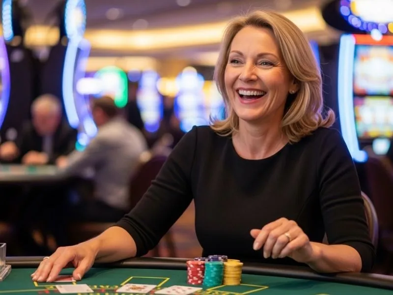 A woman smiling after placing a poker bet in a casino, representing the excitement of a free online casino game experience.