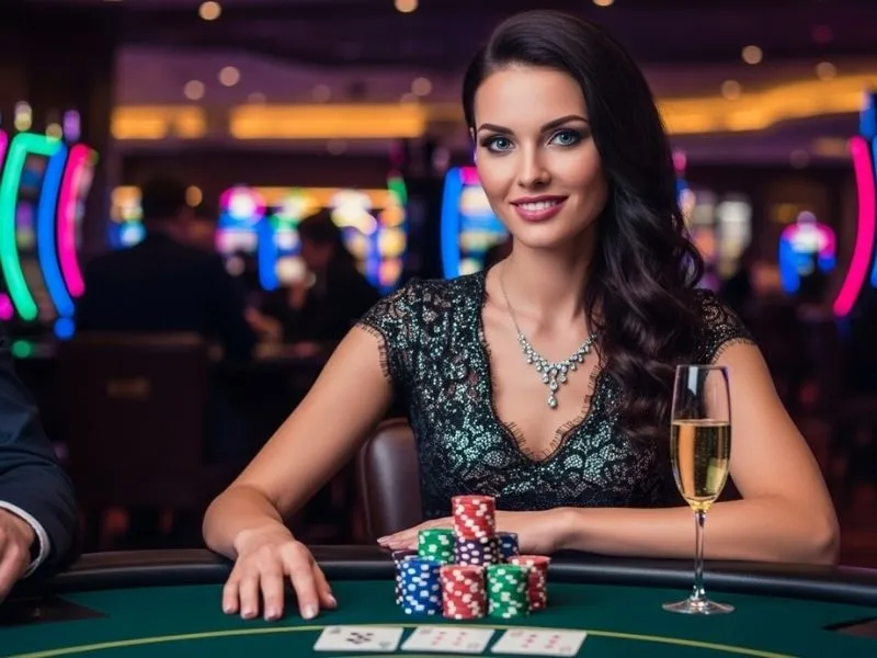 A woman smiling happily after winning a blackjack hand at a casino table, representing the thrill of a free online casino game experience.