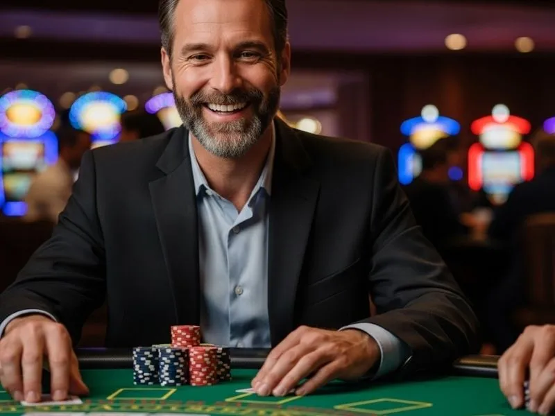 A woman smiling joyfully after winning a poker game at a physical casino, representing the excitement of playing at ICBI E Games Casino.