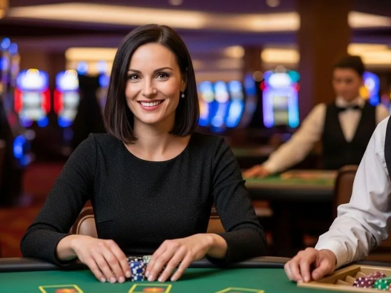 A smiling woman celebrates her poker win at a lively table inside ICBI E Games Casino.