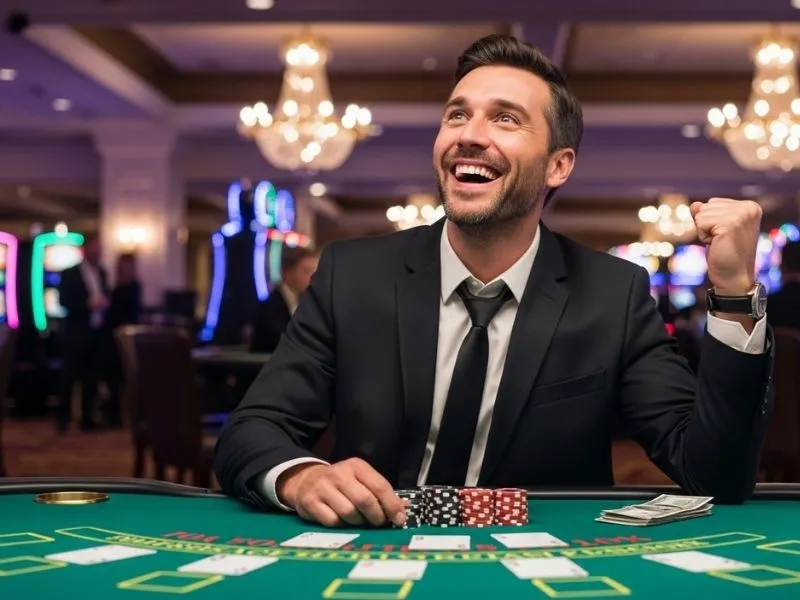 A happy man laughing and celebrating his casino victory inside a physical casino at icbi e games casino.