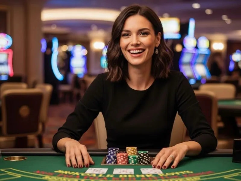 A woman happily playing blackjack at a casino table inside ICBI E Games Casino.