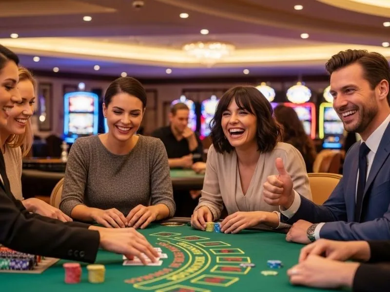 Friends smiling and enjoying their time playing baccarat at a casino, highlighting the excitement of lodi291 online casino games.