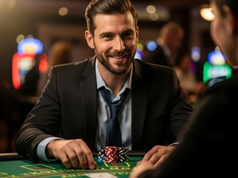 A man enjoying a friendly game of blackjack at a physical casino, representing excitement and strategy in lodi291 online casino games.