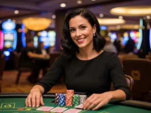 Woman enjoying her time at a physical casino table, smiling and celebrating a win while playing Lodi291 online casino games.