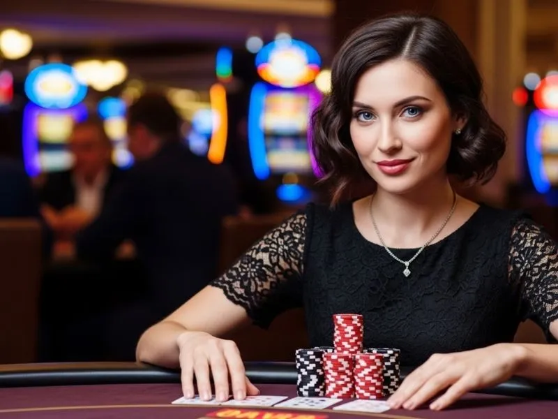Young woman smiling with stacks of casino chips, enjoying lodi291 online casino games in a lively casino environment.