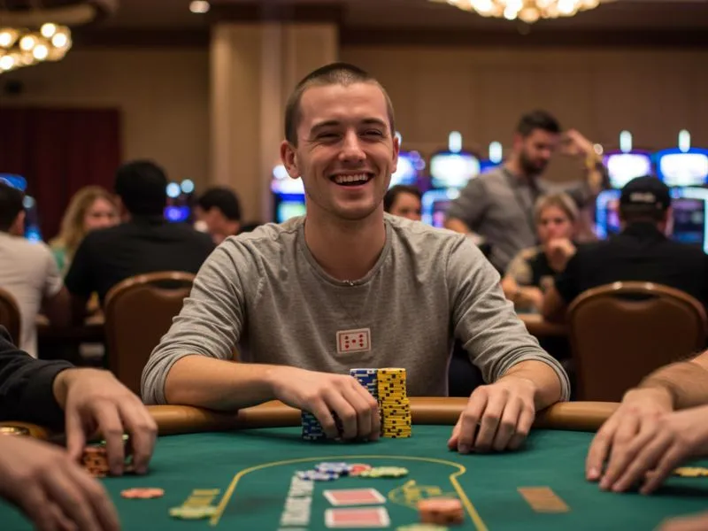 A man smiling and playing poker happily at a casino table at Lucky Calico Online Casino.