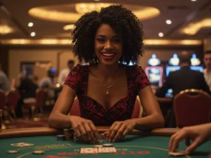 Woman smiling happily while playing poker at Lucky Calico Online Casino