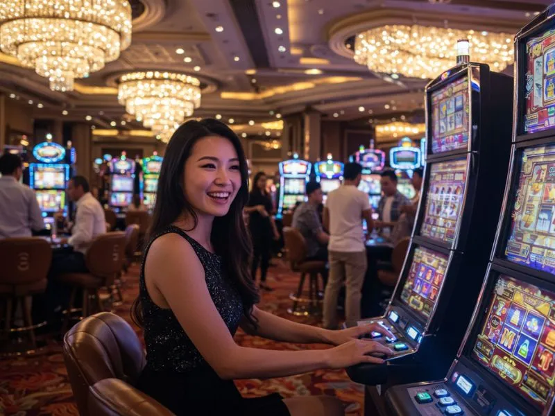 Woman smiling while playing a slot machine at Lucky Calico Online Casino.