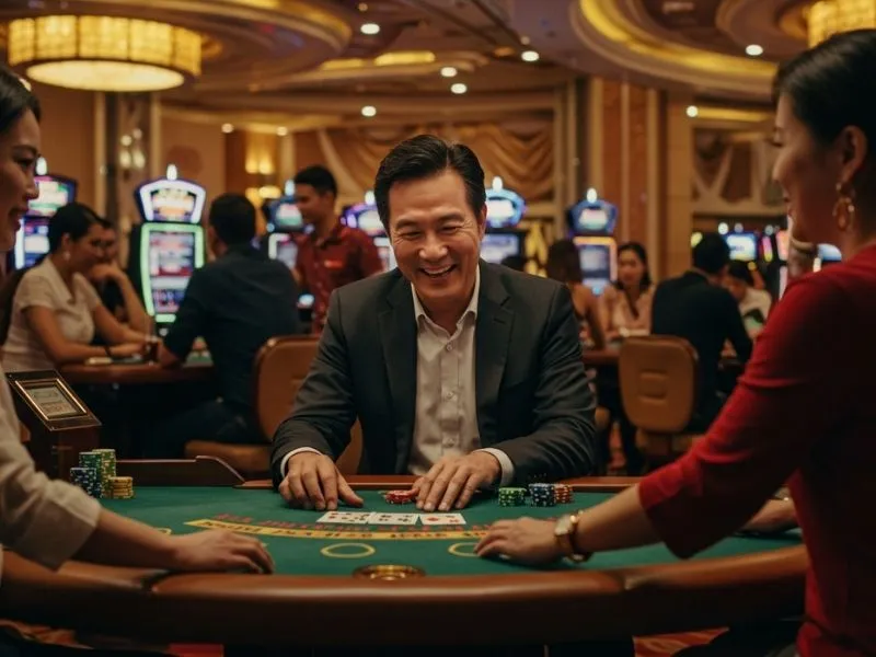 Friends enjoying casino games together at Lucky Horse Online Casino, celebrating wins and having fun in a lively gaming atmosphere.