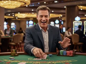A man celebrating a winning hand during a poker round at Lucky Horse Online Casino.