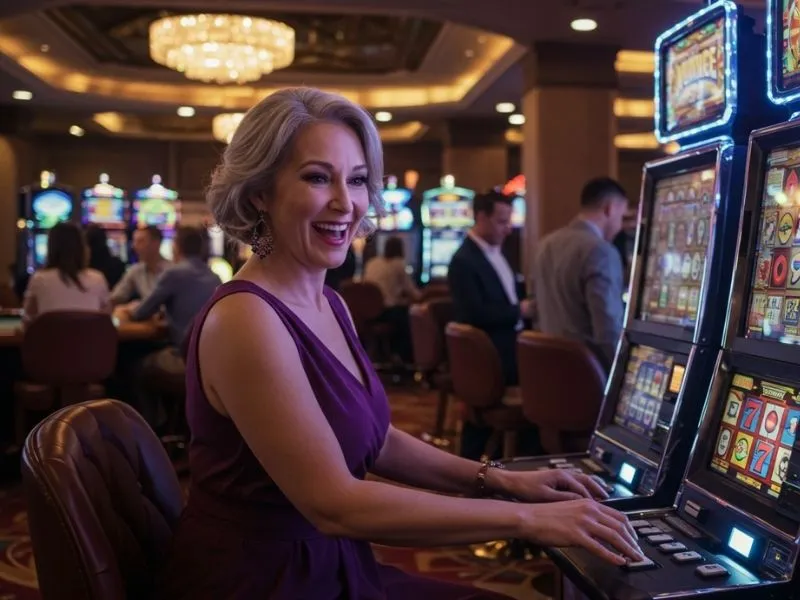 Elderly woman happily playing a slot machine at Lucky Horse Online Casino.