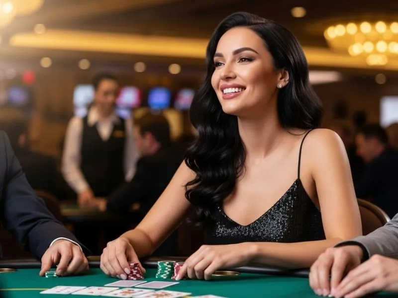 A lady enjoying live casino table games with friends at a physical casino, inspired by the excitement of the Manny Pacquiao casino game experience.