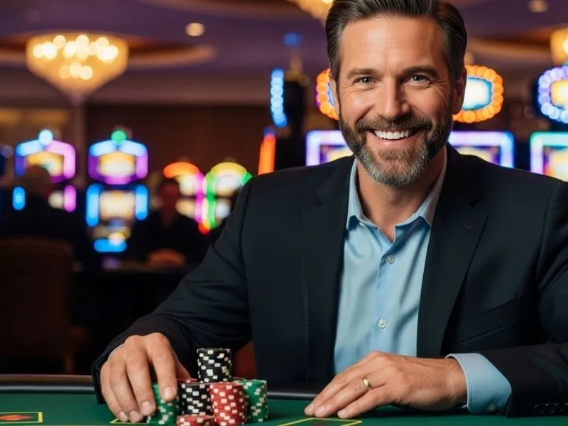 Man smiling with casino chips on a table inside a physical casino, representing the excitement of the Manny Pacquiao casino game experience.