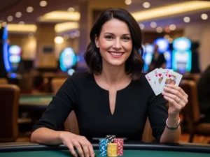 A woman smiling while holding poker cards at a physical casino inspired by the Manny Pacquiao casino game.