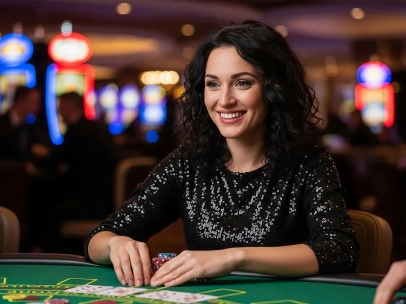 Young woman smiling while sitting at a baccarat table in a physical casino, representing the excitement of the Manny Pacquiao casino game experience.