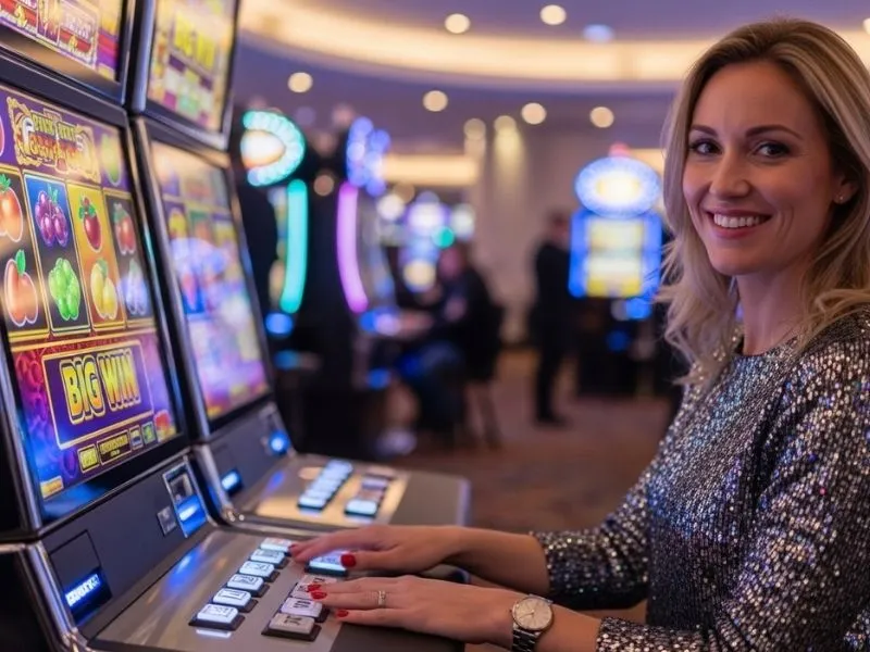 A happy woman celebrating a big slot win inside a physical casino, representing the excitement of Milyon88 Casino online games.