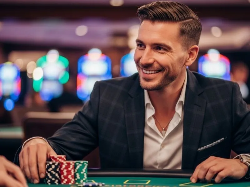 A man smiling and happily gathering casino chips on a table, symbolizing the excitement and winning experience promoted by Milyon88 Casino online games.