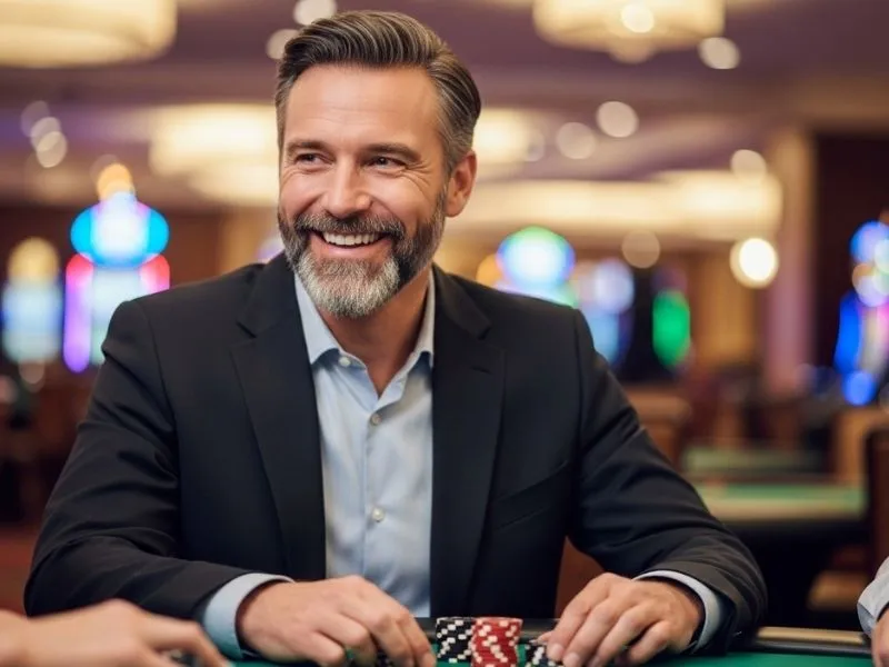 An old man grinning after winning a poker game in a casino, representing the excitement of Milyon88 Casino online games.