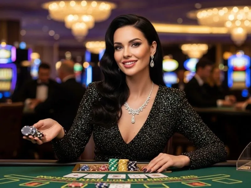 A woman smiling while playing blackjack at a physical casino table, representing the excitement and entertainment of Milyon88 Casino online games.