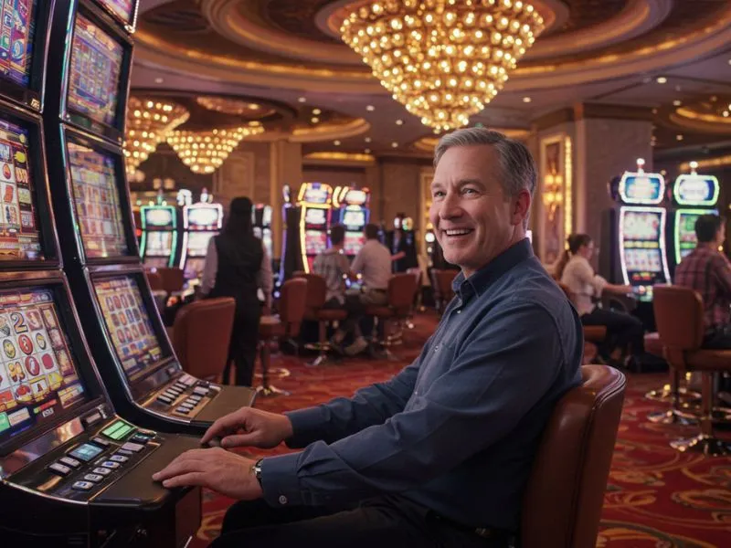 Man smiling with excitement while winning big on a slot machine at mwplay888 online casino