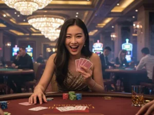 Young lady holding cards and playing poker in a casino, enjoying mwplay888 online gaming experience.
