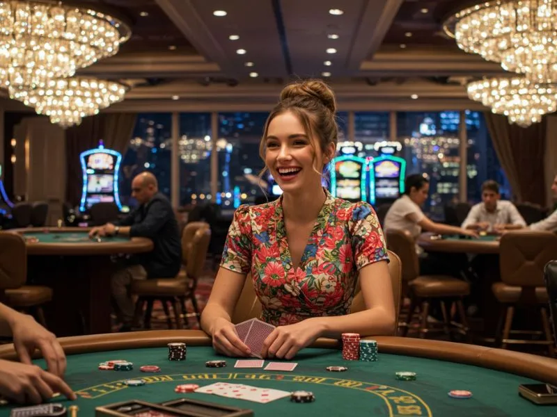 Young lady laughing while playing poker at a casino table on mwplay888 online platform