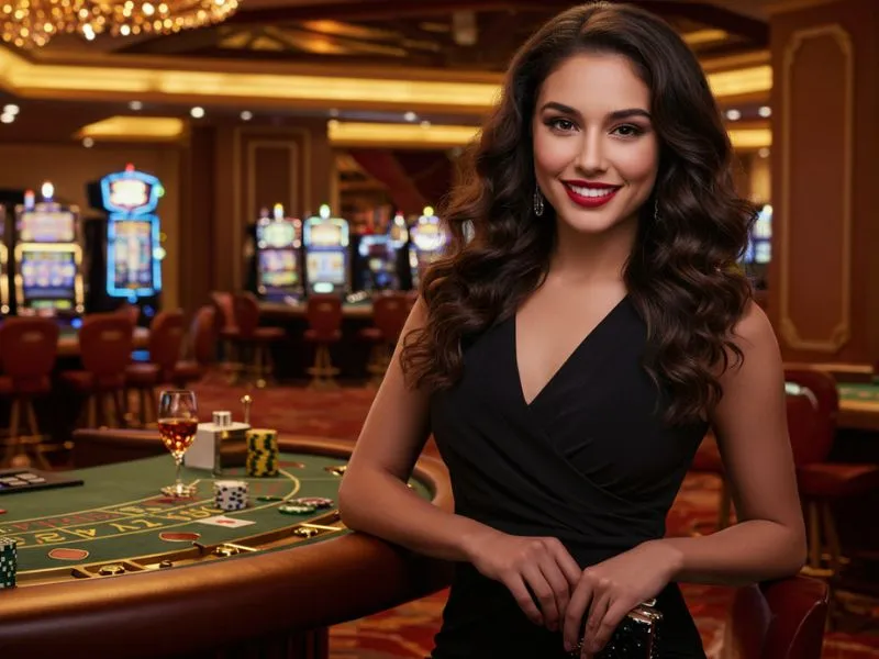 Young woman enjoying herself on a casino floor playing games at MWPlay888 online