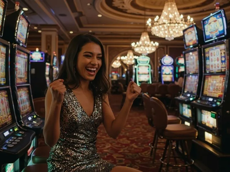 Elegant young lady enjoying slot machine games at NN777 online casino.