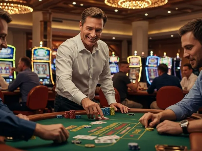 Friends laughing and playing poker together at a lively nn777 online casino table.