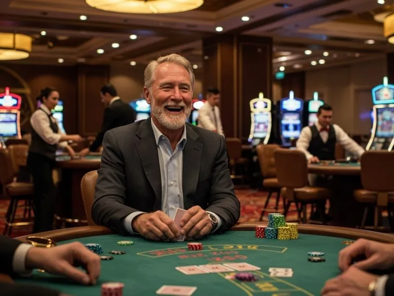 Elderly man happily playing poker with chips at NN777 online casino.