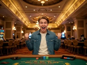 A man cheering while playing poker on his laptop at Online Casino 247, celebrating a big win in a virtual game.