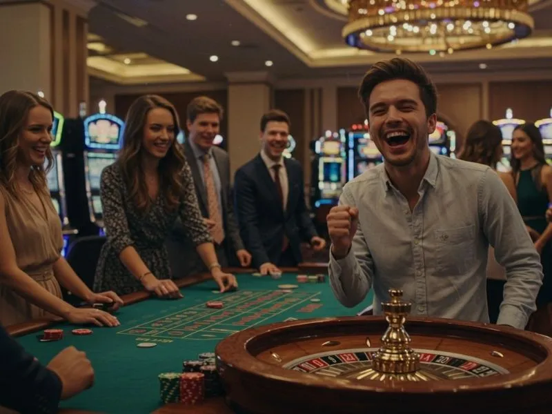 A man smiling while playing roulette with friends at an elegant casino, representing the fun and excitement of Online Casino 247.