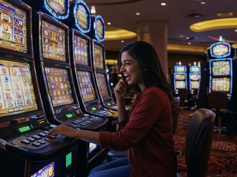 A happy woman celebrating her big win on slot machines at Online Casino 247.
