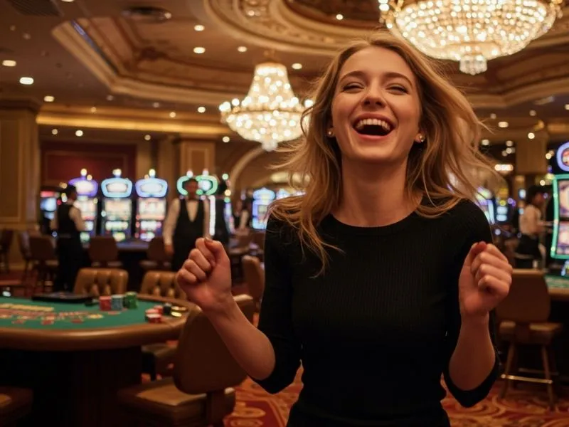 A happy woman cheering after winning a poker game at Online Casino 247, celebrating her big victory in a lively casino setting.