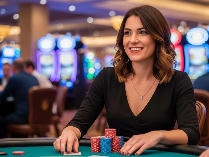 A smiling lady enjoying a baccarat game in an online casino game earn money PH thru PayPal platform.